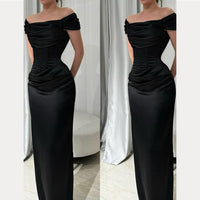 Sexy A Line Off The Shoulder Black Satin Prom Dress Formal Summer