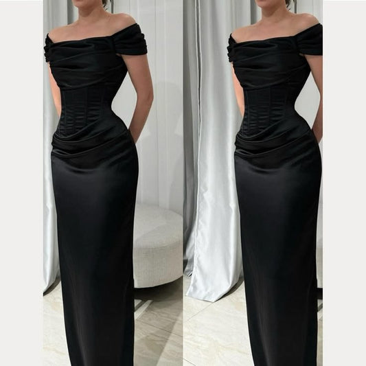 Sexy A Line Off The Shoulder Black Satin Prom Dress Formal Summer