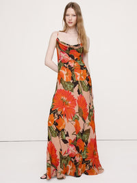 Bias-Cut Georgette Slip Maxi Dress Orange Floral