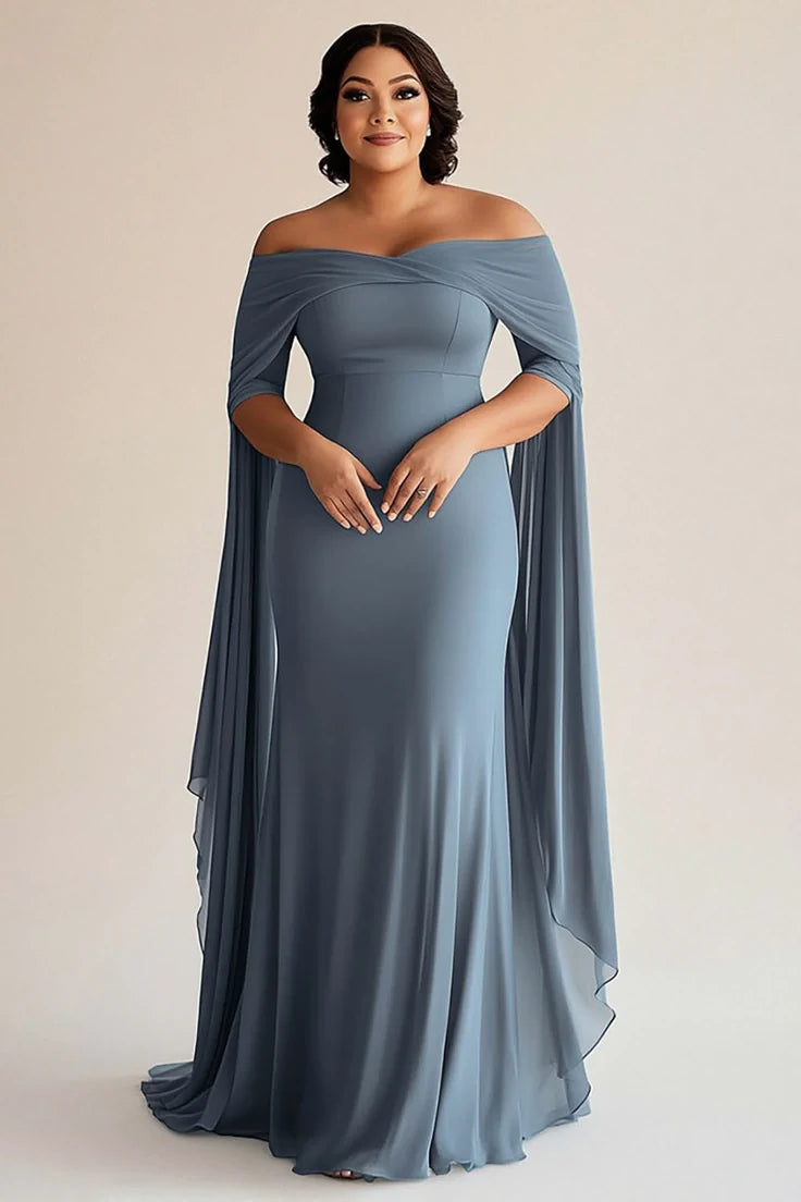 Grey Blue Off The Shoulder Chiffon Plus Size Long Mother Of The Bride