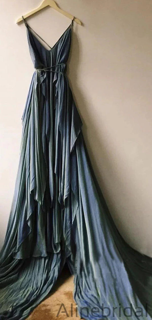 Flowy Chiffon Blue Rustic A Line Wedding Dress Beach Wedding Gown,