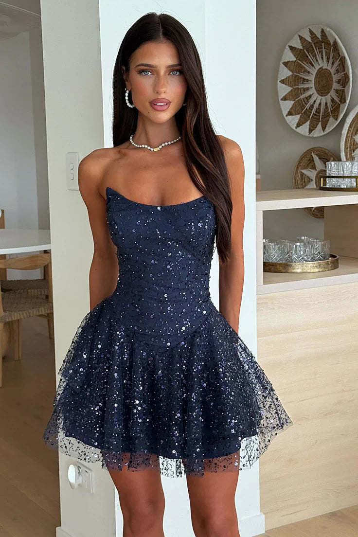 Blaise Strapless Sequin Mini Dress Navy
