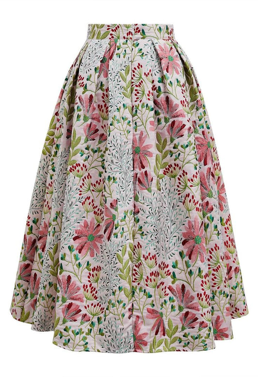 Cheerful Daisy Field Jacquard Pleated Midi Skirt For Weekend Outings &