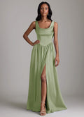 Bridesmaid Dress Stretch Satin Green A Line Cowl Neck Floor Length