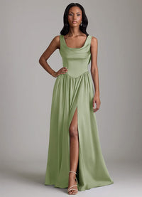 Bridesmaid Dress Stretch Satin Green A Line Cowl Neck Floor Length