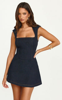 Heather Mini Dress Square Neck A Line Denim Mini Dress In Raw