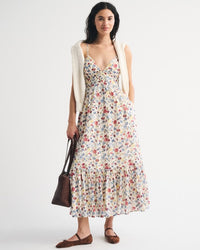 Women's Bra Free Tie Back Flowy V Neck Maxi Dress In Cream Floral Size