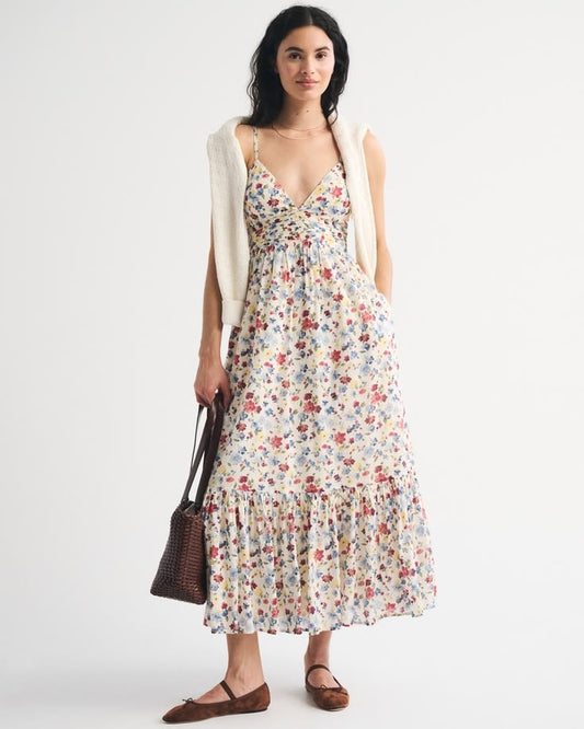 Women's Bra Free Tie Back Flowy V Neck Maxi Dress In Cream Floral Size