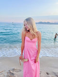 Simple A Line Straps Long Pink Prom Dress Party Dress
