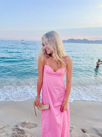 Simple A Line Straps Long Pink Prom Dress Party Dress