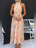 Pearl Veil Dress Sleeveless Halter Floral Maxi Dress In Peach Color: