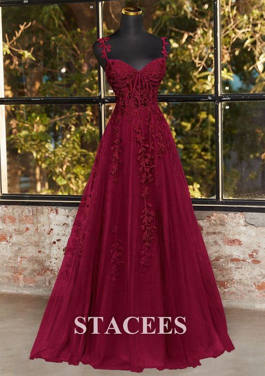 A Line V Neck Sleeveless Sweep Train Tulle Prom Dress With Appliqued