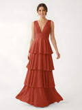 Chiffon Rust Bridesmaid Dress V Neck Floor Length A Line, Rust