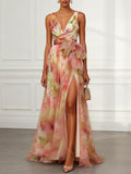 Pink Floral Bow Tulle V Neck Sleeveless A Line Floor Length Gown Dress