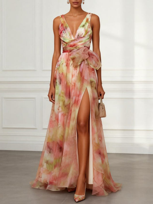 Pink Floral Bow Tulle V Neck Sleeveless A Line Floor Length Gown Dress