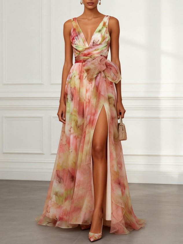 Pink Floral Bow Tulle V Neck Sleeveless A Line Floor Length Gown Dress
