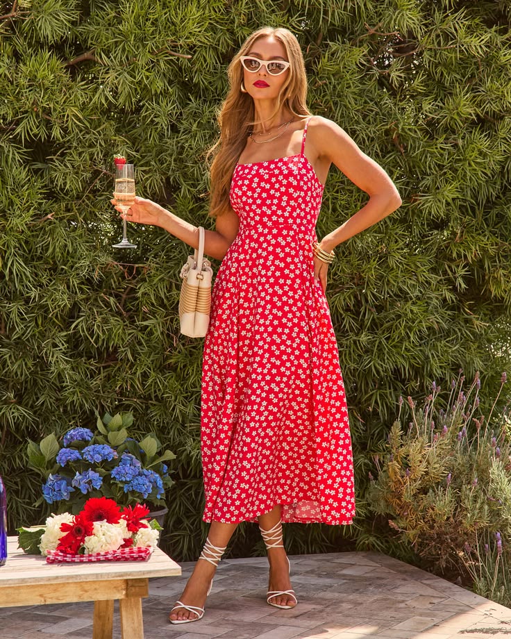 Petal Days Floral Midi Dress in Red - Size Large, Rayon/Nylon, VICI