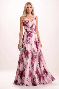 A Line Maxi Printed Chiffon Mother Of The Bride Dress Pink
