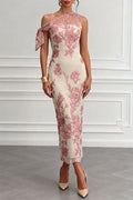 Kylen Floral Embroidery Bow Lace One Shoulder Sleeveless Sheath Maxi
