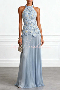 Emilie 3D Floral Embroidery Pleated Chiffon Hem Halter Neck Sleeveless Maxi Dress