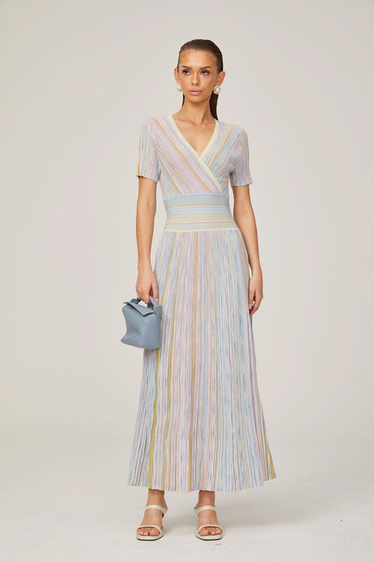 Omyke Diane Contrast Color Pinstripe Rib Knit Midi Dress, S Blue