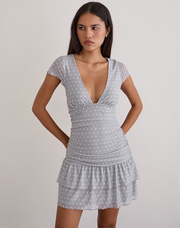 Mowgli Cap Sleeve Mini Dress In Grey With Micro White Polka