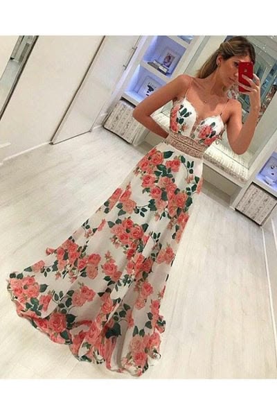 Fashion A Line Floral Spaghetti Strap Long Sleeveless Prom Dress
