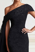 Sheath Asymmetrical Long Black Mother Of The Bride Dress With Lace