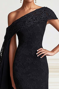 Sheath Asymmetrical Long Black Mother Of The Bride Dress With Lace