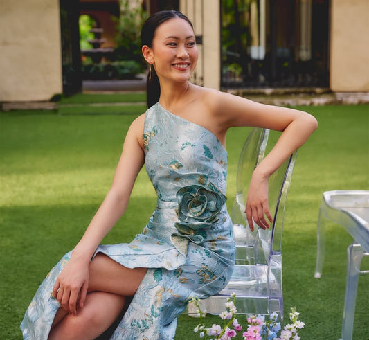 One Shoulder Floral Jacquard Rosette Gown In Blue Multi Blue Multi