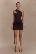 Mattea Slinky And Mesh Mini Dress With Scarf Dark Chocolate