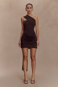 Mattea Slinky And Mesh Mini Dress With Scarf Dark Chocolate