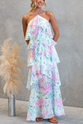 Poetic Eden Chiffon Floral Print Tiered Ruffles Halter A Line Maxi