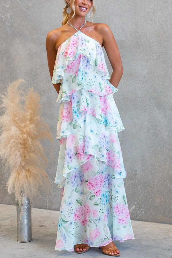 Poetic Eden Chiffon Floral Print Tiered Ruffles Halter A Line Maxi