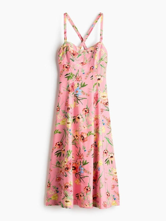 H&M Dress H&M Pink Floral Flare Dress Color: Green Pink Size: Xl