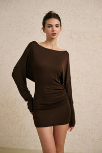 Batwing Mini Bodycon Dress, Coffee