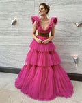 Ball Gown Long Sweetheart Tiered Tulle Hot Pink Prom Dress Custom