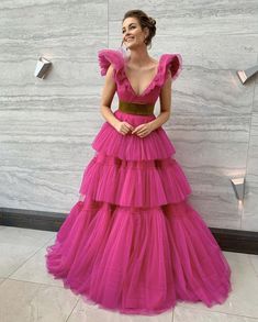 Ball Gown Long Sweetheart Tiered Tulle Hot Pink Prom Dress Custom