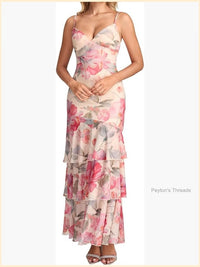 Bodycon Floral Ruffle Tiered Mesh Backless Maxi Dress Color: Pink