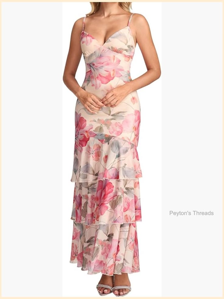 Bodycon Floral Ruffle Tiered Mesh Backless Maxi Dress Color: Pink