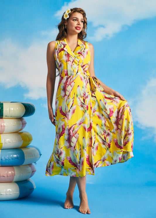 Sunlit Stroll Wrap Dress Golden Tropics