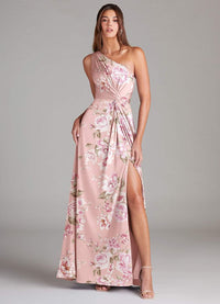 A Line One Shoulder Floor Length Stretch Satin Bridesmaid Dress Rosy