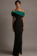 Black And Pink Satin Ruffled Off The Shoulder Sheath Long Evening