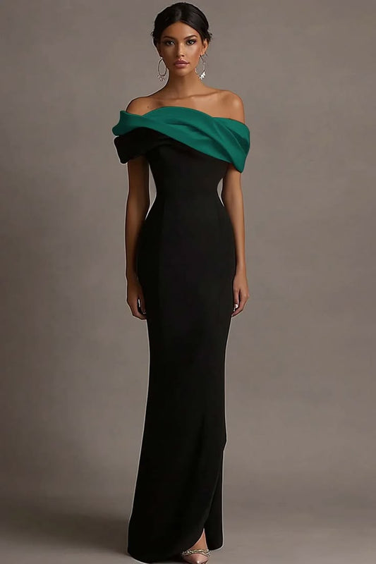Black And Pink Satin Ruffled Off The Shoulder Sheath Long Evening
