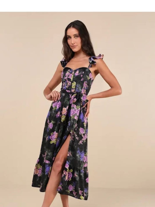 Dress Xl Floral Ruffle Strap Midi Dress In Black And Purple New With