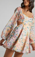 Ebonee Mini Dress Puff Sleeve Cut Out Dress In Flower Crown