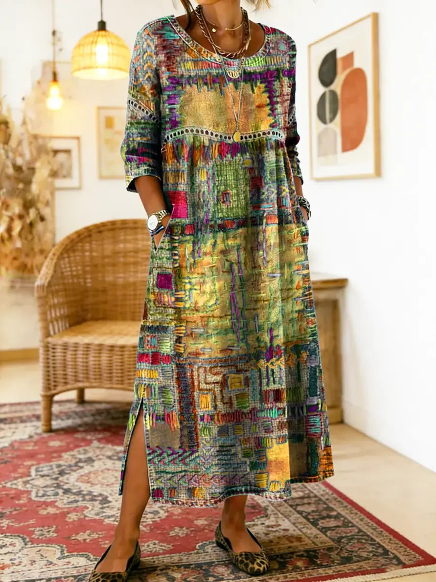 Zinnia - Printed Dress with Ethnic Patchwork