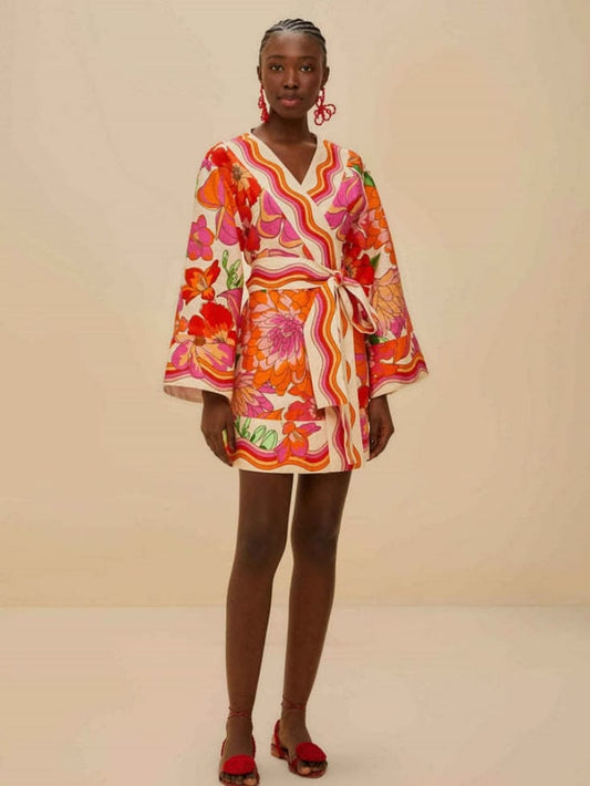 Butterfly Sleeve Chiffon Dress Red-S