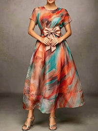 Women's Colorful Abstract Print Round Neck Short Sleeve Casual Loose A