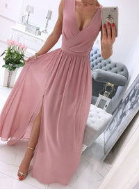 Sexy Deep V Neck A Line Prom Dress High Slit Simple Chiffon Pink